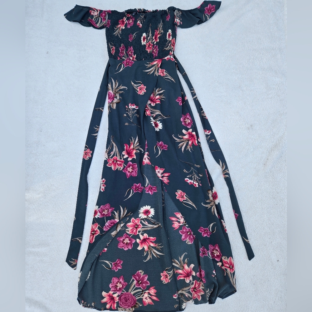 Windsor Floral Off-Shoulder Ruched Teal Flowy Dress Womens S